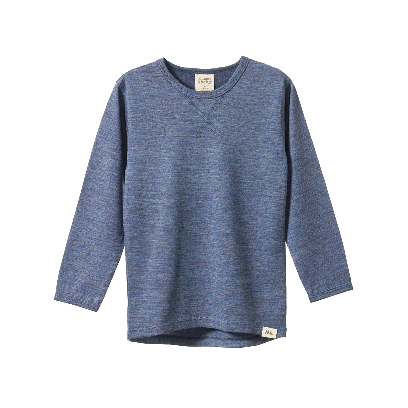 Blue organic merino wool long sleeve essential tee with crew neck and scooped hem.