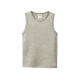 Light grey organic merino wool singlet with a round crew neckline and ribbed trim.